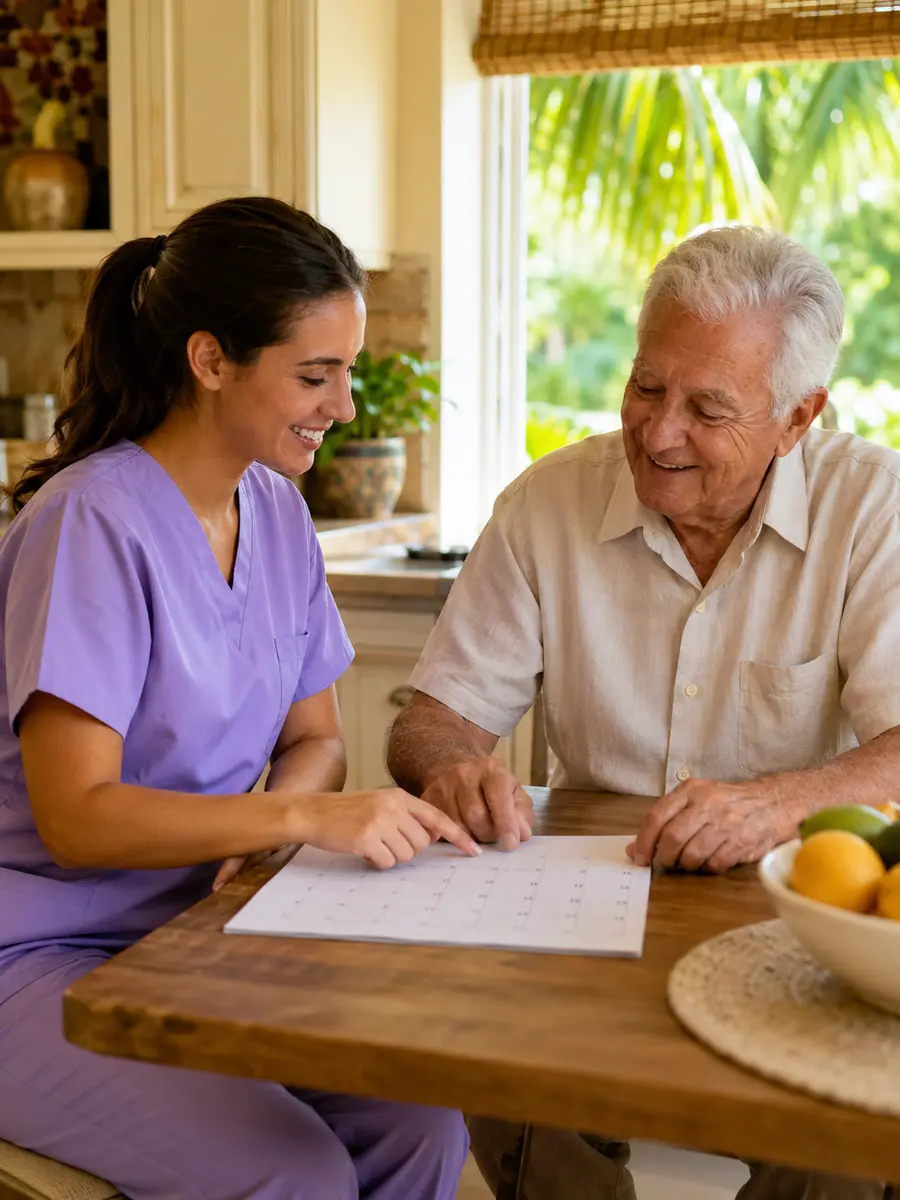 Home health professional in scrubs speaking warmly with an older adult in a South Florida home