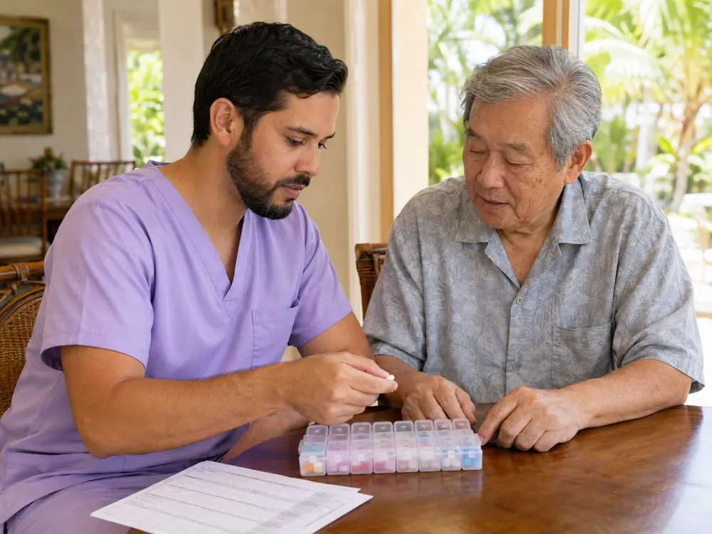 Home care professional in scrubs helping an older adult organize a medication schedule